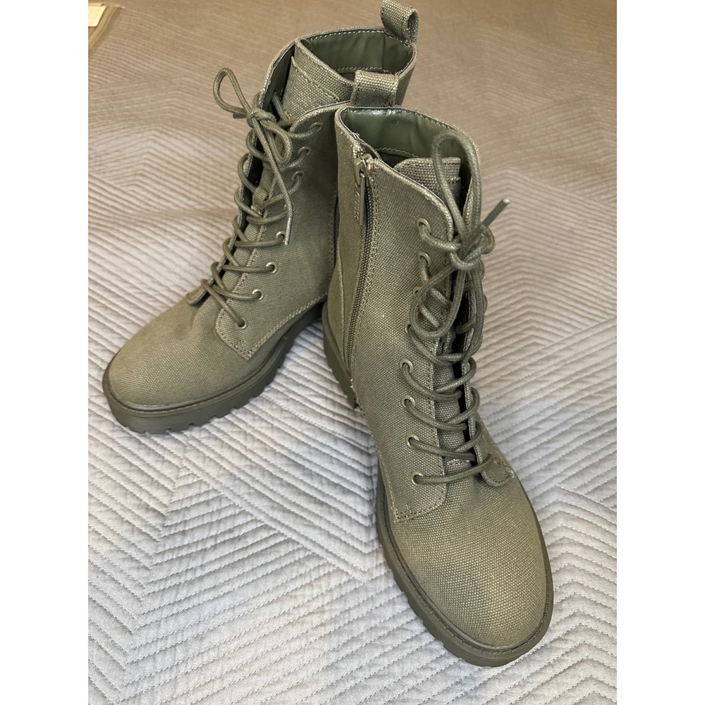 Guess Women Olive Green Canvas Lace Up Combat Boots Side Zip Lug Sole Size 8M
